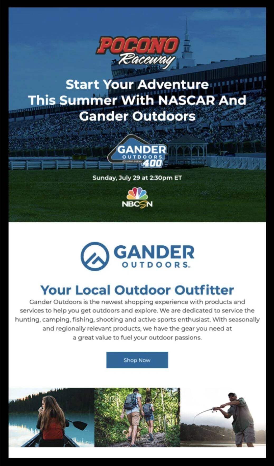 A flyer promotes Pocono Raceway and Gander Outdoors, featuring a NBCSN graphic, images of outdoor activities, and a "Shop Now" button.