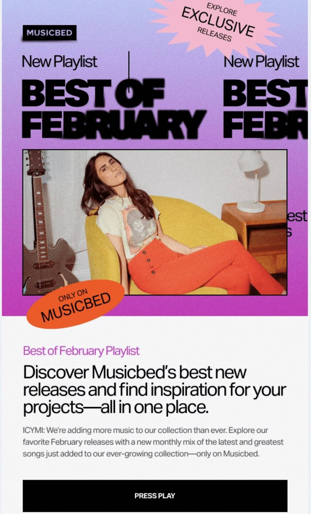 A magazine cover for Musicbed&rsquo;s "Best of February" playlist features a woman in orange pants, seated on a yellow chair, holding a guitar, with text reading "New Playlist," "Best of February," "Explore Exclusive Releases," and "Best of February Playlist."