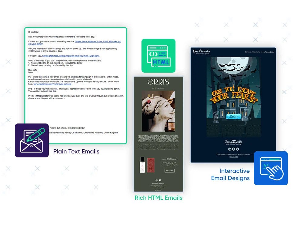 A collage of email design elements including plain text, HTML, interactive designs, and plain text emails with company logos and names.