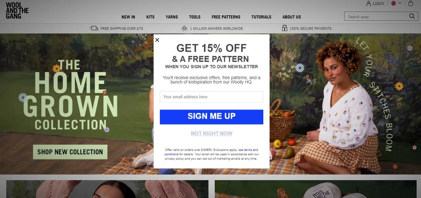 A website for a home growth pattern, featuring a woman in a plaid dress, a "Sign Me Up" button, a 15% off offer, and a "Shop New Collection" banner.