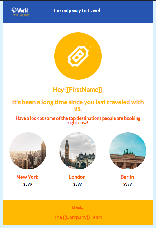 A travel agency advertisement with a yellow circle containing a ticket icon, greeting "Hey {{FirstName}}", and promoting top destinations at $399.