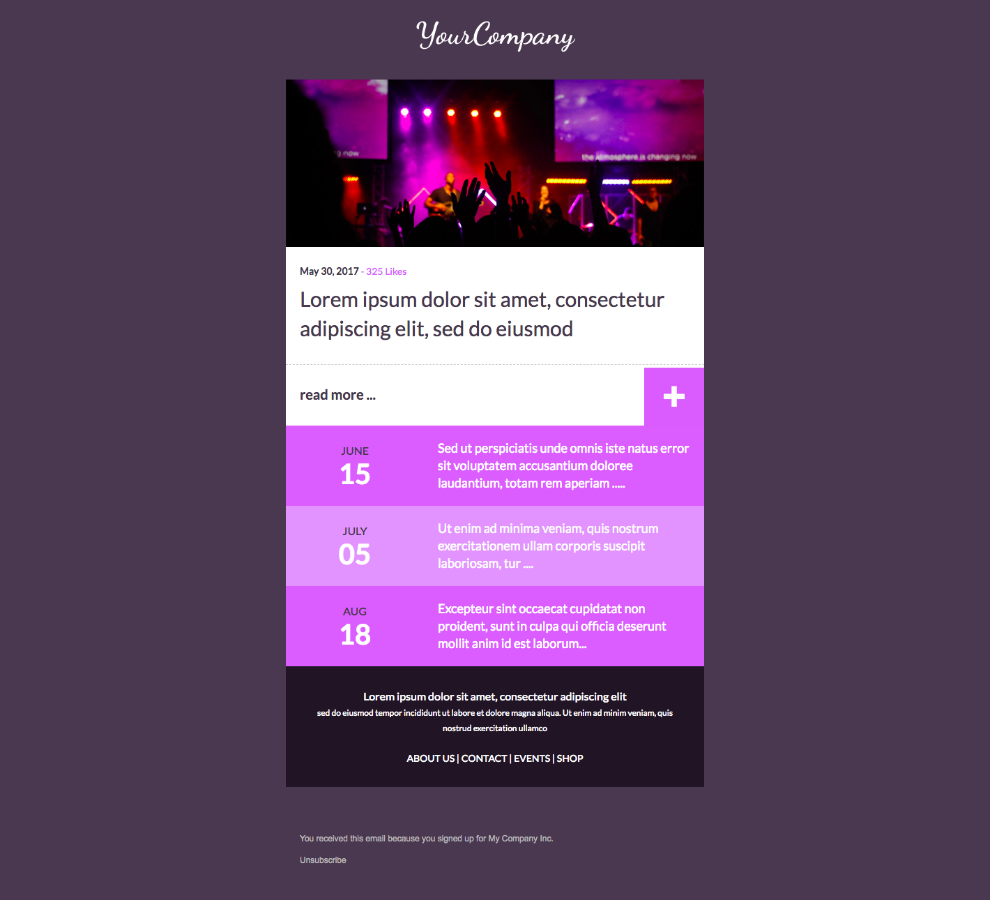 A dark purple email template displays a concert image, placeholder text, and contact information.