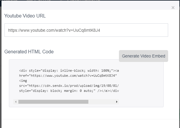 A web page displays a YouTube video URL and generated HTML code with embedded video, labeled &ldquo;Generate Video Embed.&rdquo;