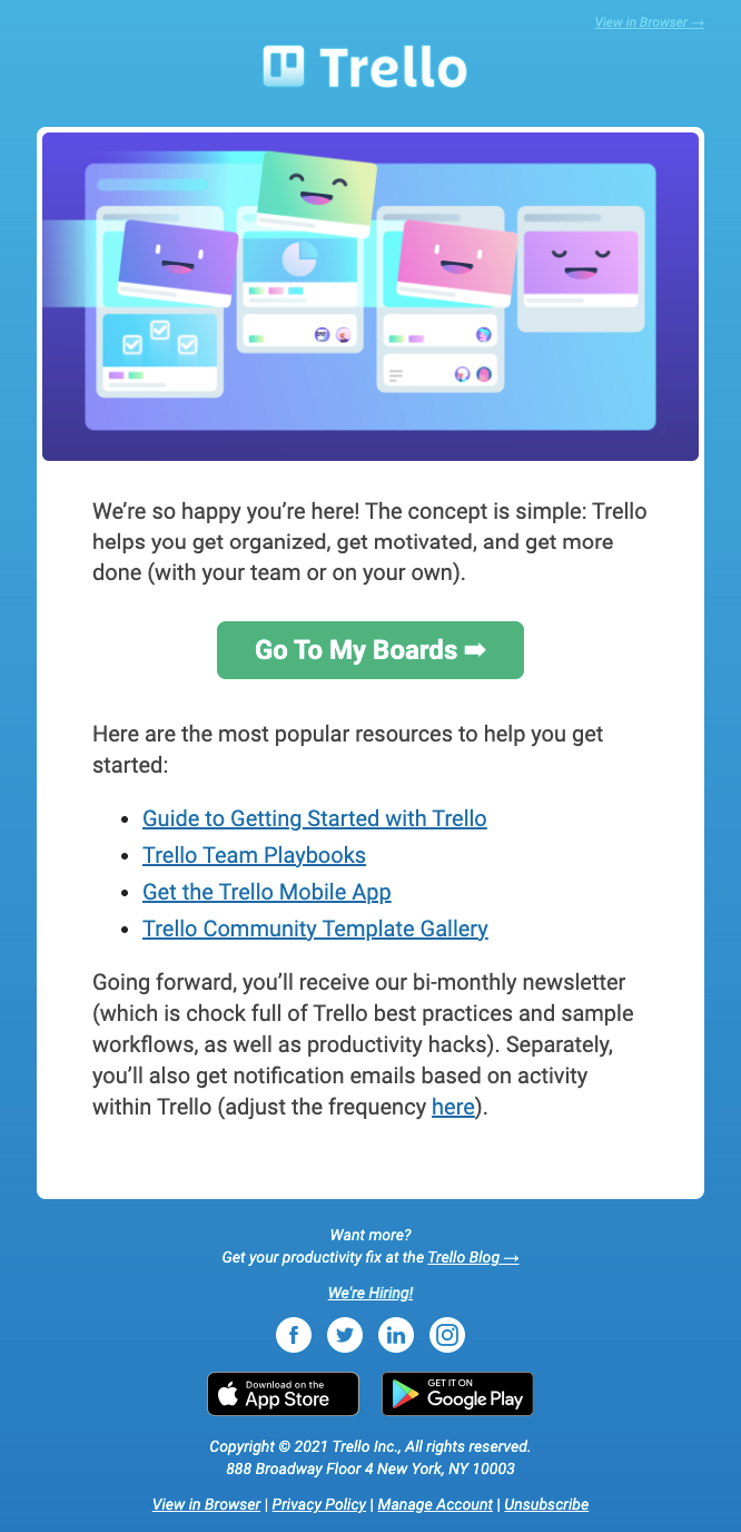 trello's welcome email