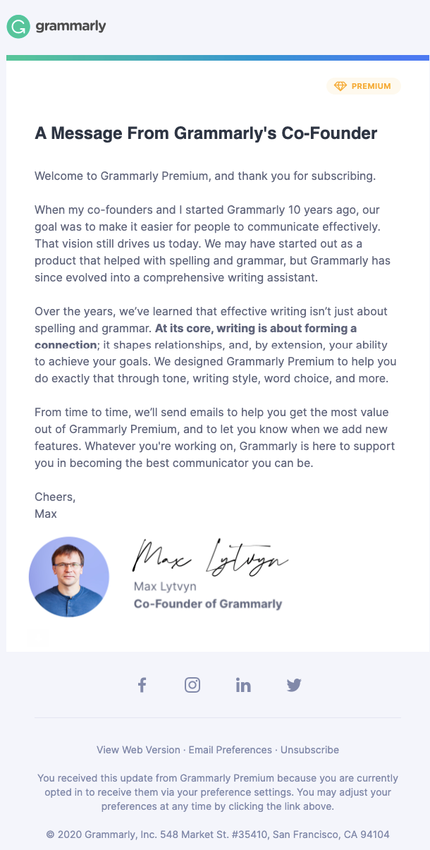 Grammarly's welcome email