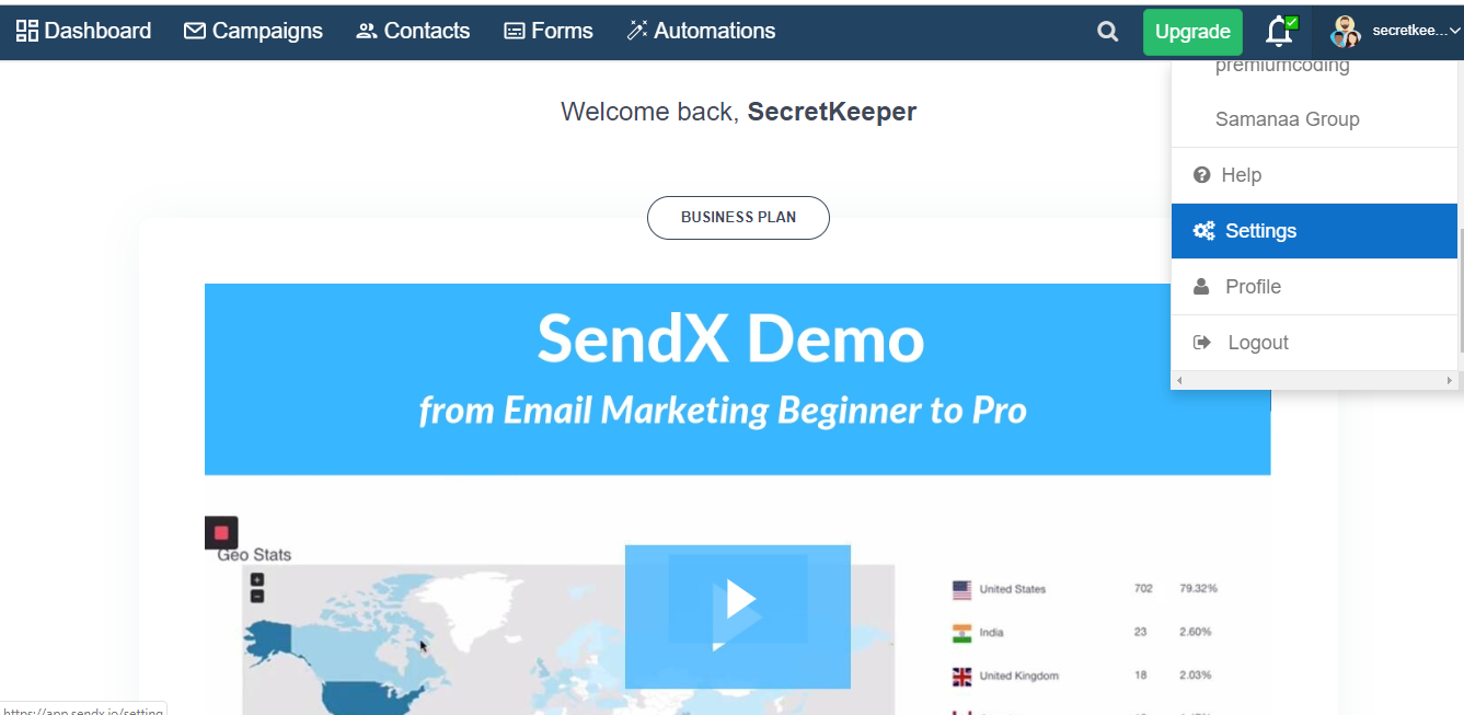 SendX dashboard.