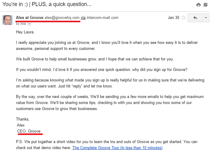 Onboarding email from Groove