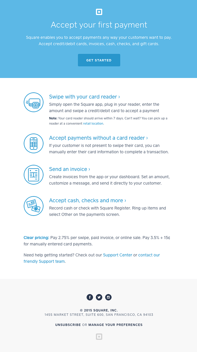 Onboarding email from Square