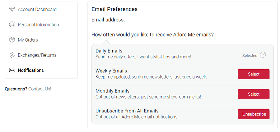 Adore Me unsubscribe options