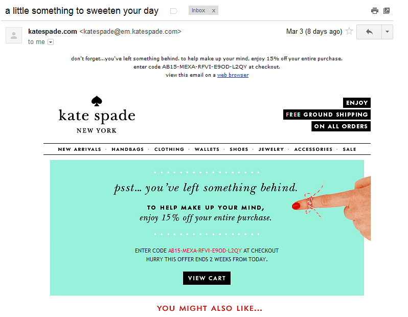 Kate Spade Abandoned cart email