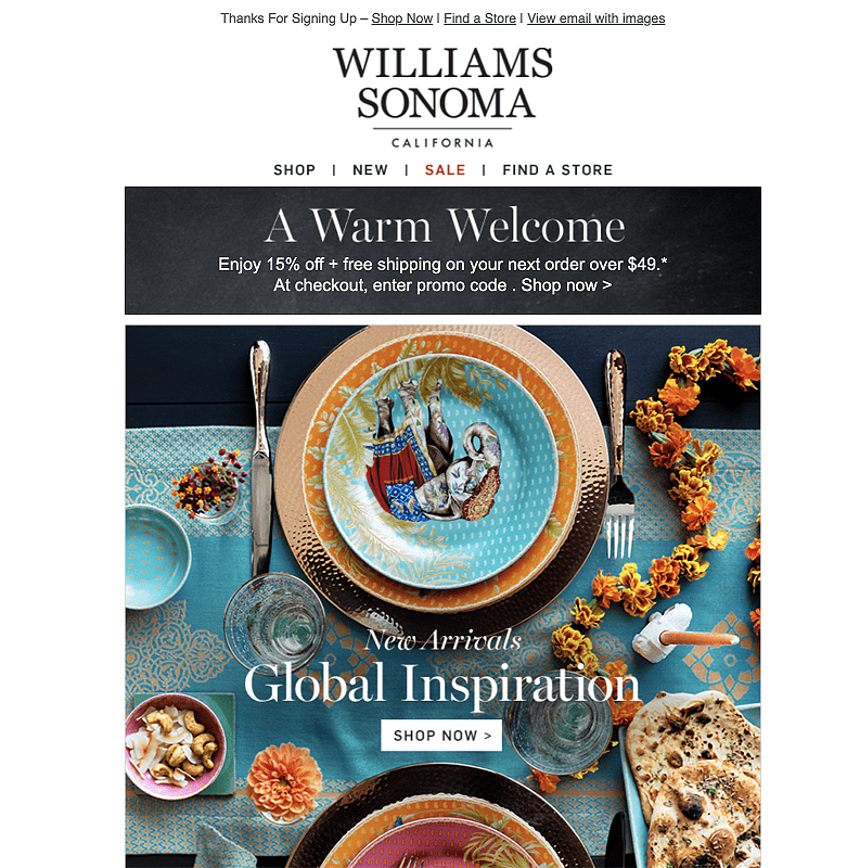 Williams Sonoma Welcome email
