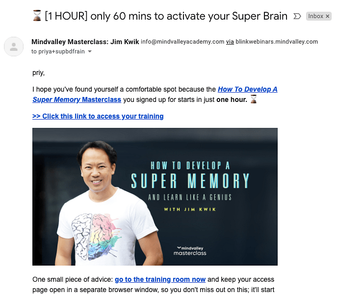 Example of event email from Mindvalley