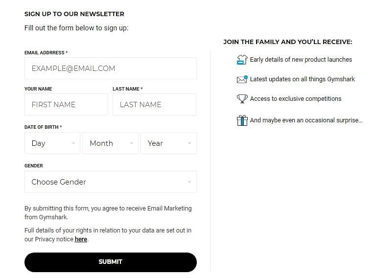 Gymshark's email signup form