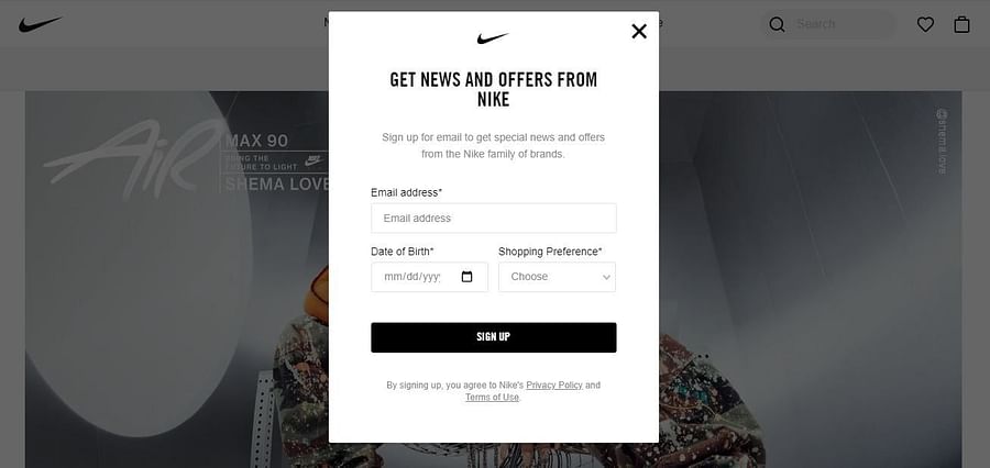 Nike's signup form