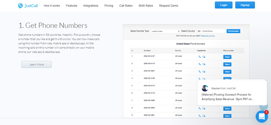 JustCall Get phone numbers