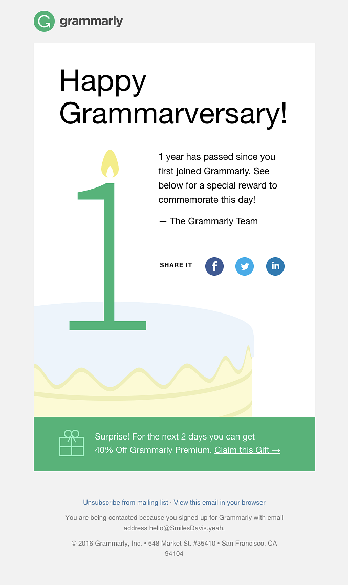 Grammarly's happy anniversary email