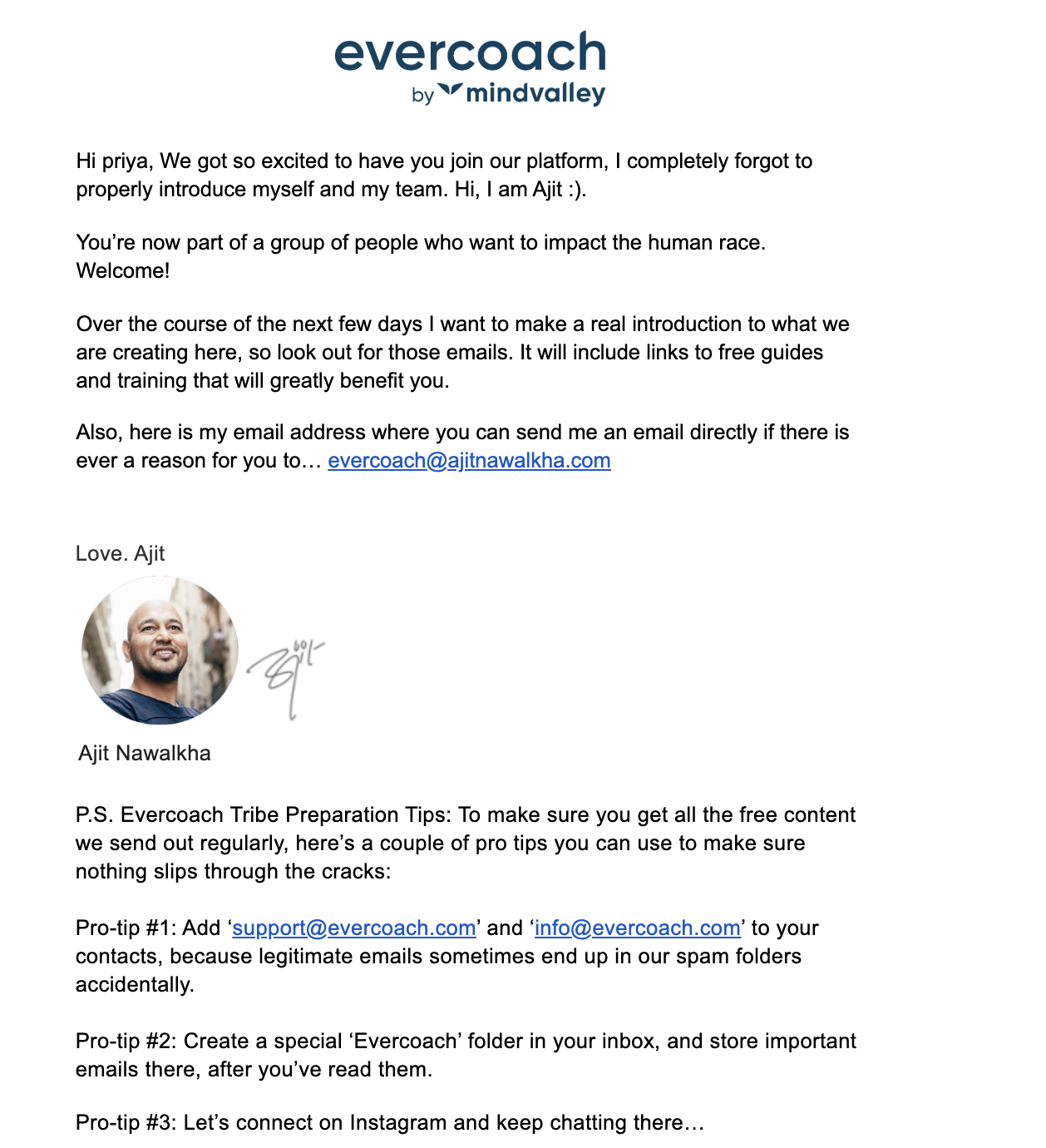 Evercoach by Mindvalley email by Ajit Nawalkha