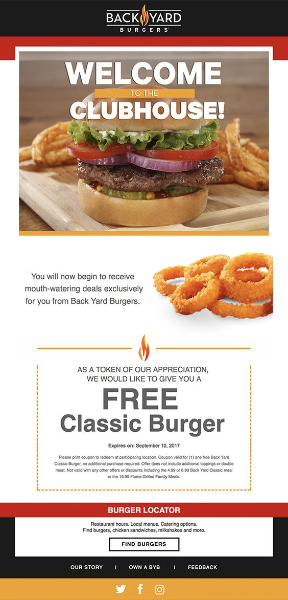 Backyard Burgers Restaurant welcome email