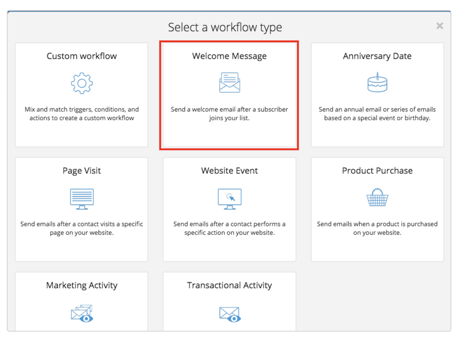 Select a workflow type in Sendinblue