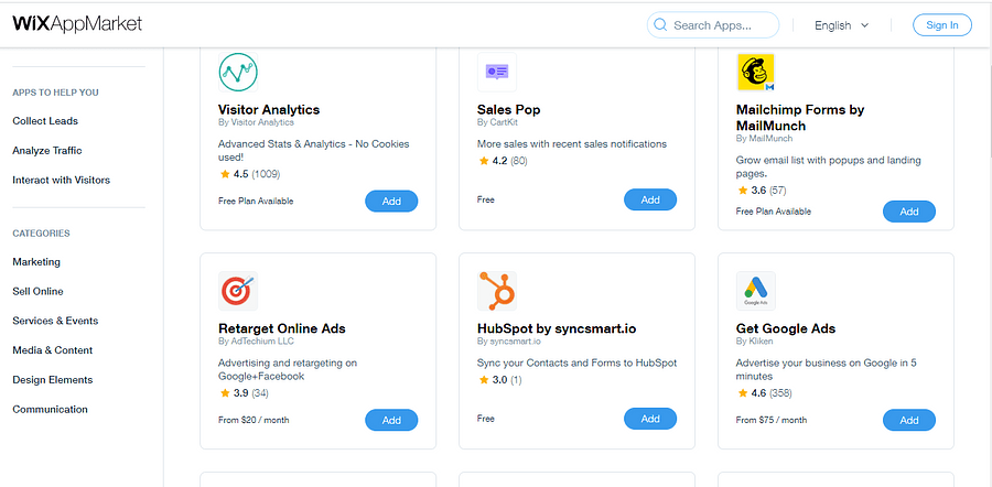 App integrations supported by wix
