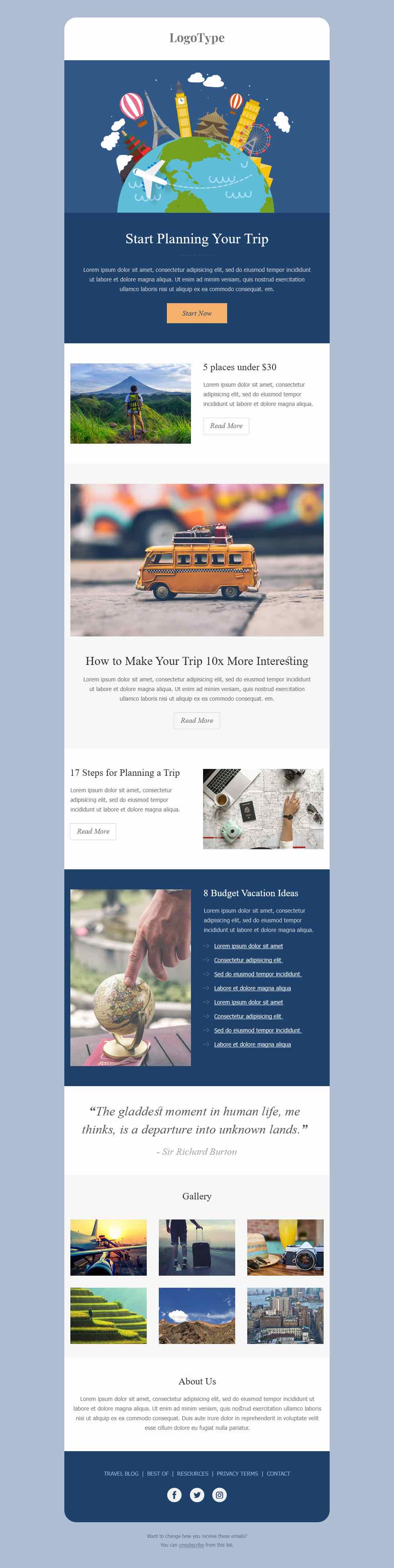 Responsive HTML email newsletter template for travel. Works great for folks having travel & holiday services.