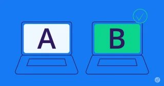 Two open laptops, one displaying the letter 'A' and the other 'B', are set against a solid blue background with a green checkmark in the top right corner.