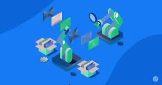 Two green robots with pink and gray components interact with pink and gray boxes on a blue surface, viewed from a top-down perspective.