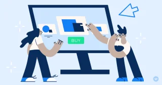 Two people interact with a computer screen displaying a blue square and a green 