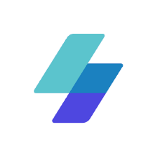 A stylized, geometric design composed of three overlapping rectangular shapes in teal, blue, and purple, arranged diagonally against a white background.