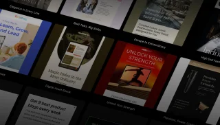 Grid display of various email marketing templates showing different design styles and industries, including educational content with 