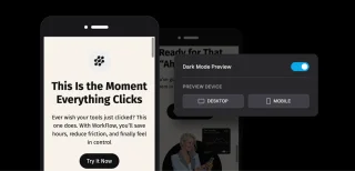Mobile interface showing drag and drop interaction with overlapping phone screens. Front screen displays 'This Is the Moment Everything Clicks' headline with workflow app marketing copy and 'Try It Now' button. Dark mode preview toggle panel overlays showing desktop and mobile device selection options.