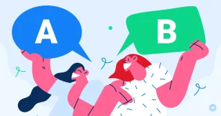 Two figures, one with red hair and the other with blue hair, hold up speech bubbles labeled A and B against a light blue background with green squiggles.