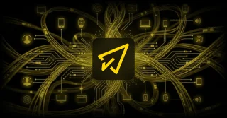 Yellow email cursor icon centered on dark background with circuit board pathways connecting to various device icons including smartphones, laptops, smartwatches, and user profiles, illustrating omnichannel email marketing connectivity.