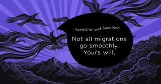 Decorative illustration with purple sunburst background showing black silhouettes of birds in flight over mountains and swirling clouds. Central black oval contains text reading 