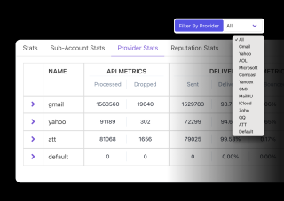 A table displays API metrics, including name, processed, dropped, sent, and delivered counts for various providers, with buttons to filter by provider.
