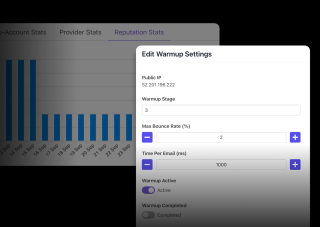 A settings menu displays options for editing Warmup Settings, including Public IP, Warmup Stage, Max Bounce Rate, and Time Per Email (ms), with input fields and buttons for modification.