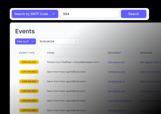 Events are categorized into Hard Bounce, Soft Bounce, and Hard Soft Bounce, with corresponding from, to, and recipient addresses.