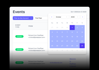 A calendar for October 31, 2020, displays a grid layout with days of the week and dates, along with event details for Richard from Pied Piper.