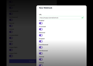 A new webbook form features fields for URL, Enabled, Processed, Delivered, and Delivered options, with checkboxes for Soft Bounced and Unsubscribed options. A submit button is visible at the bottom.