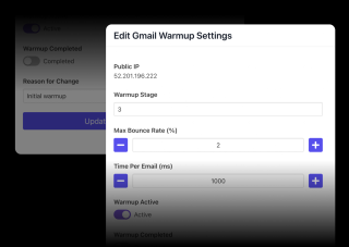 A settings page for an email warmup feature displays active warmup mode, public IP, warmup stage, maximum bounce rate, and time per email, all set to 3 seconds.