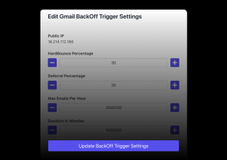 A settings panel for editing Gmail BackOff trigger settings displays four input fields: Public IP, HardBounce Percentage, Deferral Percentage, and Max Emails Per Hour, with corresponding numerical values and plus/minus buttons. A purple