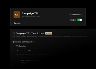 A black timeframe displays 6 days for email delivery timeouts, with Campaign TTL enabled and a back button available, to drop off campaigns.