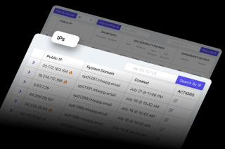 Two computer screens display a table with public IP addresses, system domain information, and actions, with a purple header and footer.