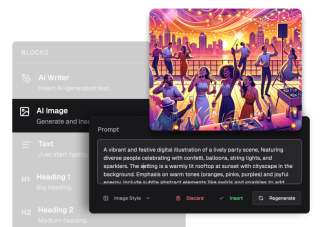 AI Writer interface displays a digital illustration of a vibrant party scene, while a text box offers a description with a hazy, dreamlike effect.