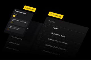 A black interface features a yellow edit segment box and create tag buttons for managing subscribers and content.