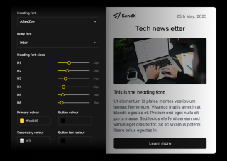 A tech newsletter from SendX, dated May 25, 2025, features a yellow and black color scheme, a body font of 