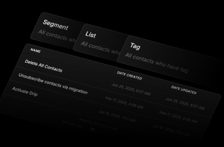 A black-shaded contact list displays segmented information, including name, date created, and tag, with a 
