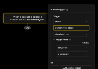 A black card with a yellow border displays a contact information box and a custom event addition box, set to 
