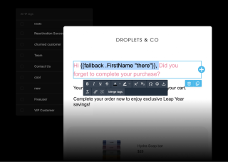 A software interface for DROPLETS & CO features a white canvas, dropdown menu, and text box, with a product listing for Hydra Soap bar at the bottom.
