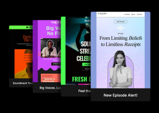 A collage of four screenshots features a woman's face, an episode title, a man with a microphone, and a sound wave graphic, accompanied by text.